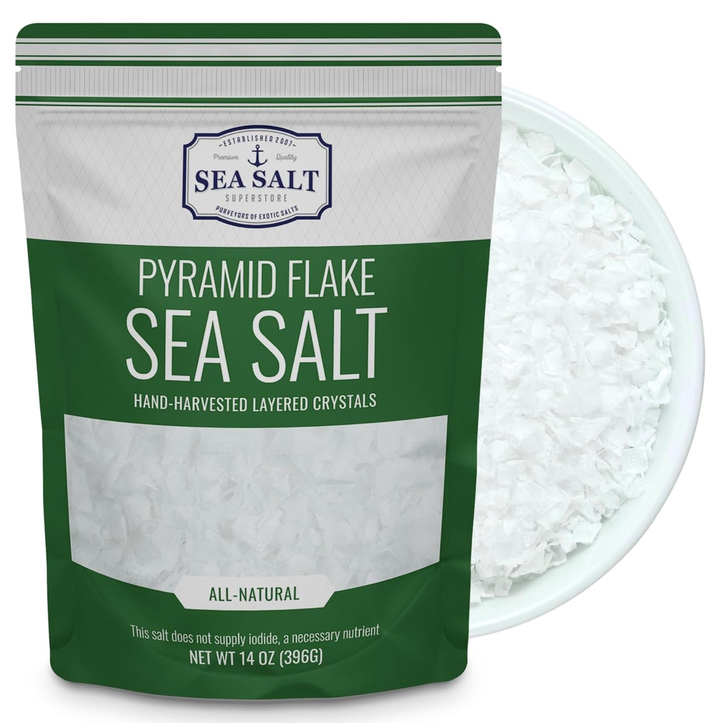 Pyramid Flake Sea Salt - 14 oz Pouch featuring distinct pyramid crystals for seasoning and finishing dishes.