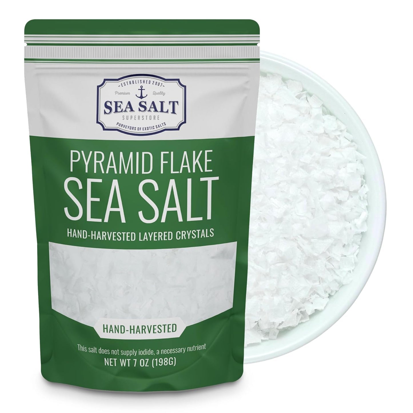 Pyramid Flake Sea Salt 7 oz Bag with hand-harvested layered crystals for seasoning and finishing dishes.