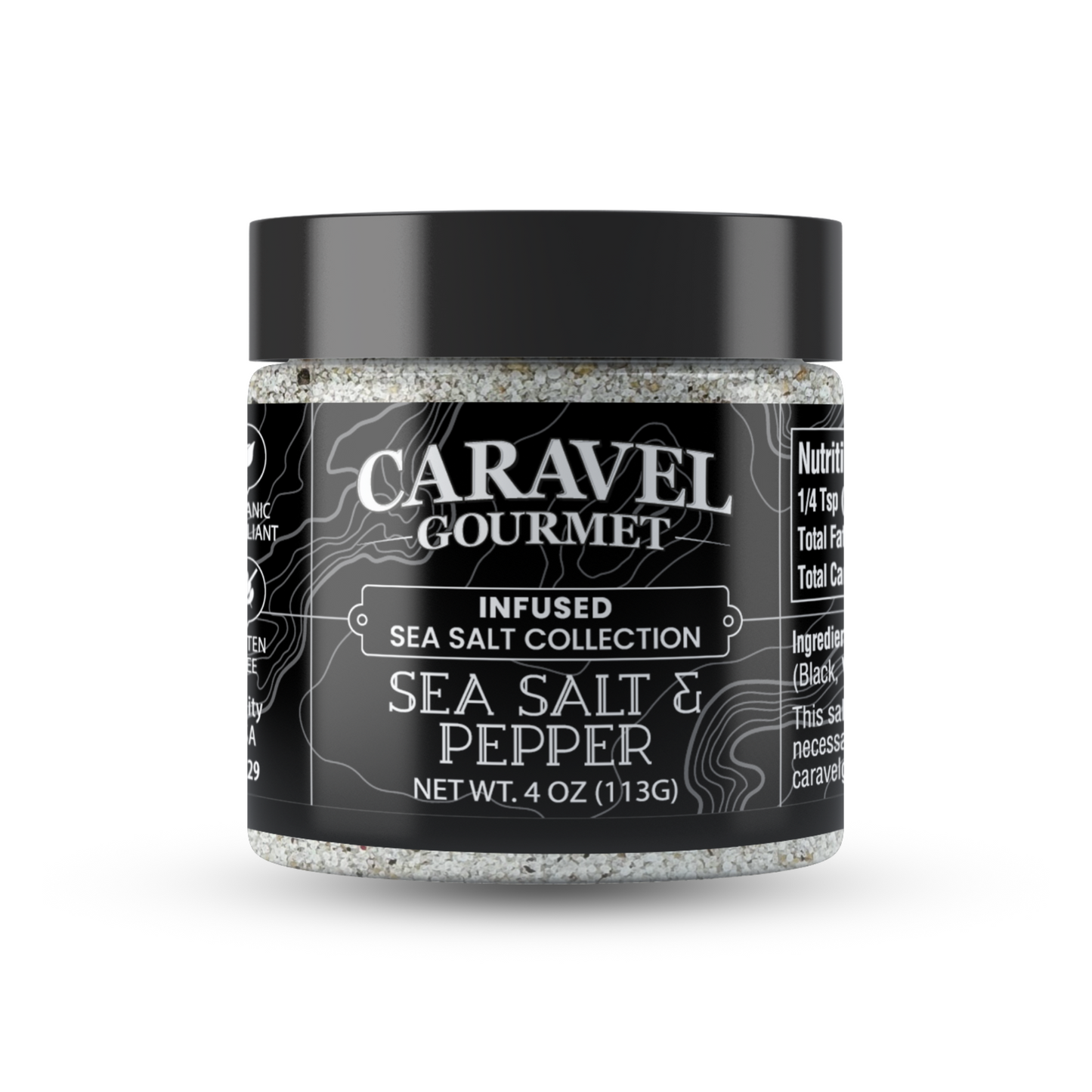 Salt and Pepper Sea Salt - Chef Jar from Caravel Gourmet in 4 oz packaging.
