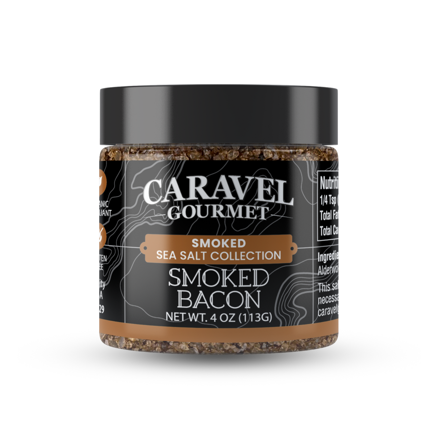 Smoked Bacon Sea Salt - Chef Jar in a stylish black jar with a captivating design and rich flavor for cooking.