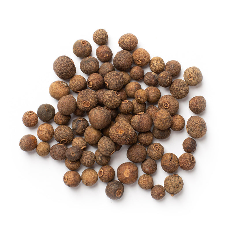 WHOLE ALLSPICE - 25 lb bag / box each - Dried Pimenta dioica berries on a white background.