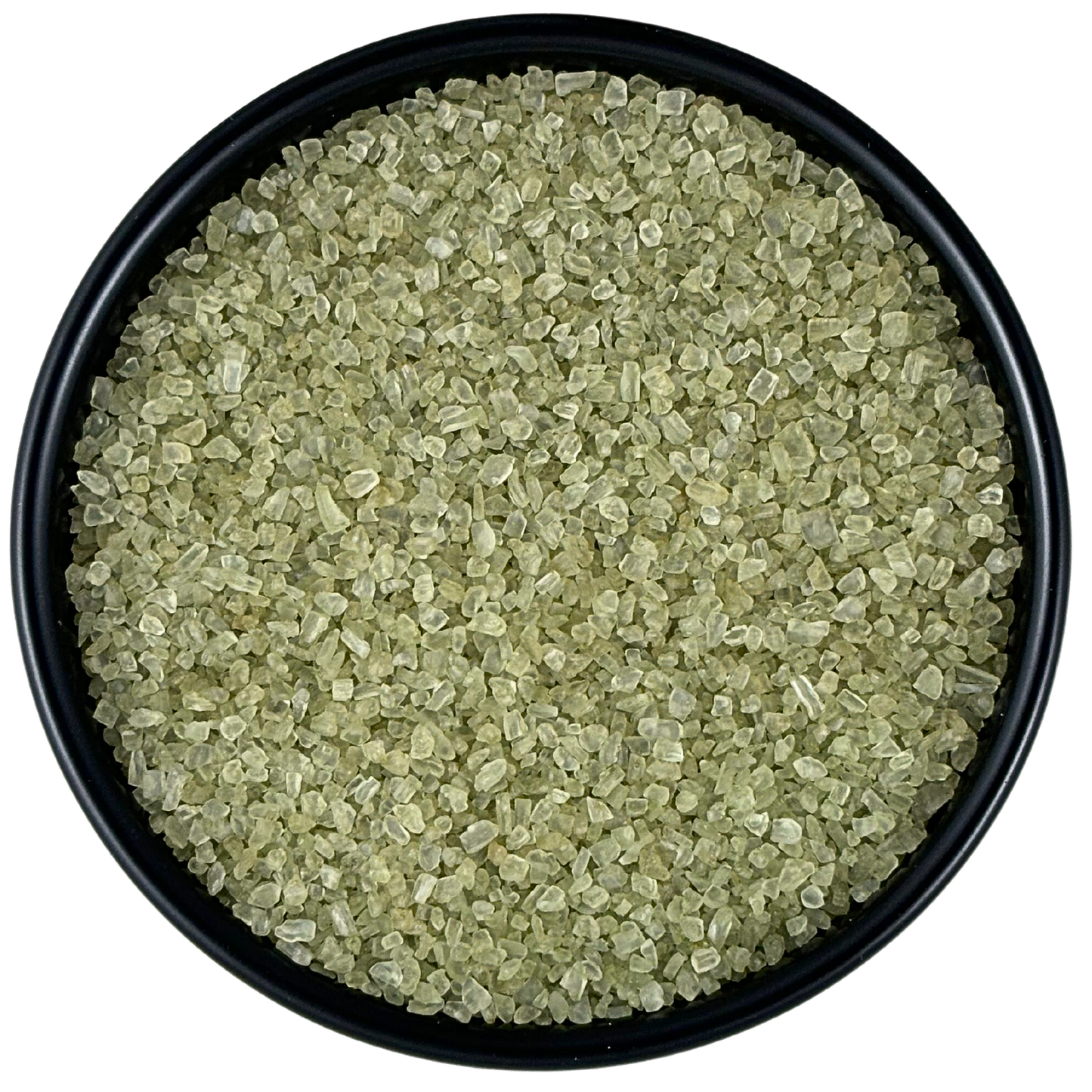 Bamboo Jade Sea Salt - Chef Pinch Jar - Case Pack - 8 units in a black bowl, featuring delicate green crystals.