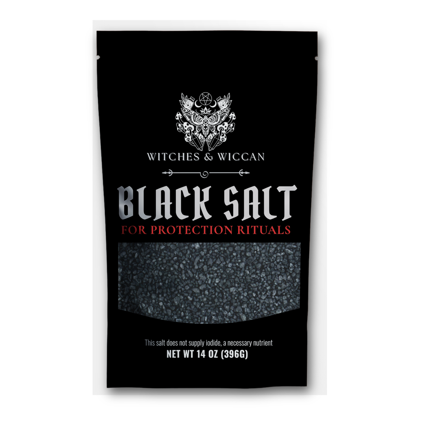 Black Ritual Salt 14 oz Pouch for protection rituals, versatile flake, cleansing gemstones, and home protection.