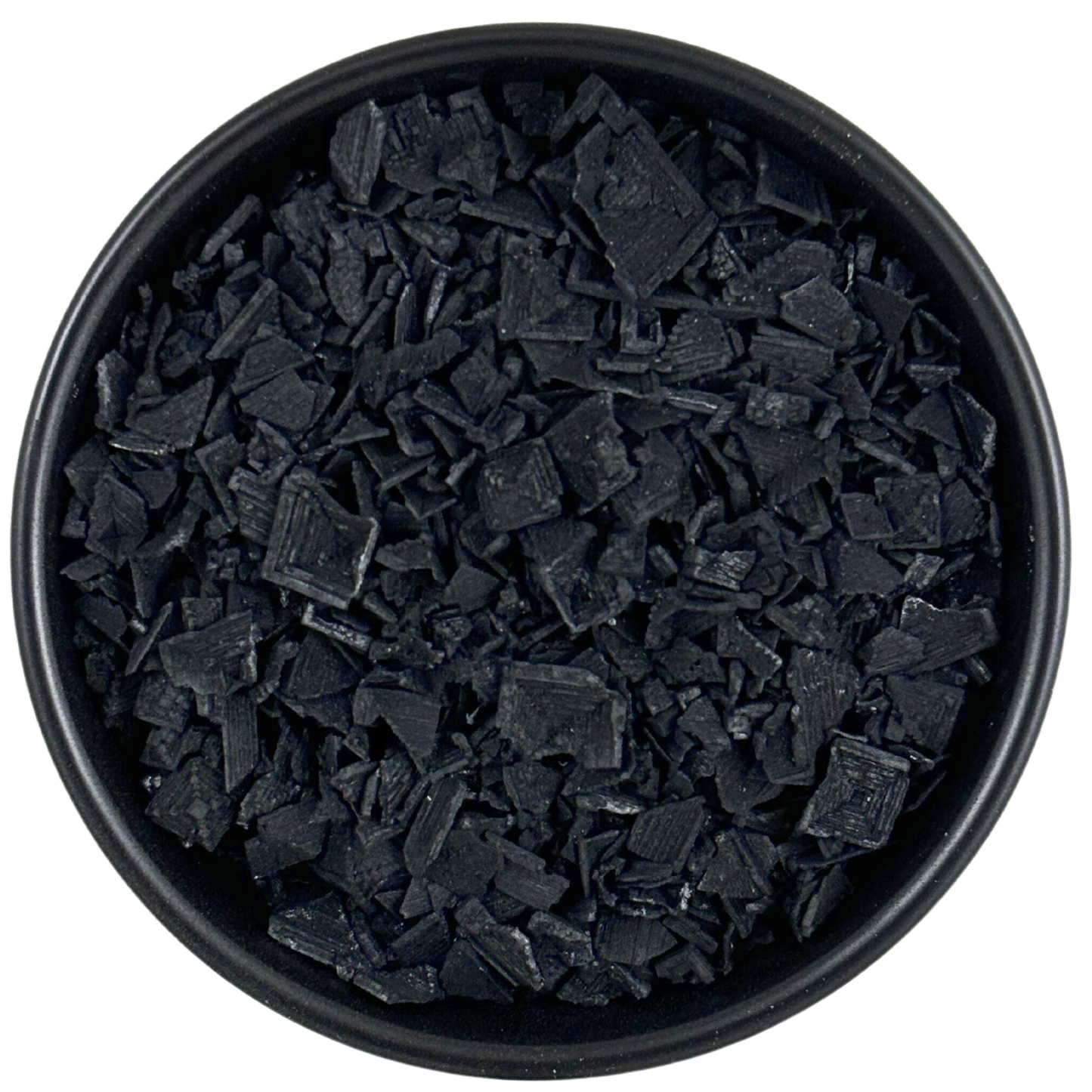 Black Pyramid Flake Sea Salt - Chef Pinch Jar - Case Pack - 8 units in a black bowl showcasing the unique texture and color.