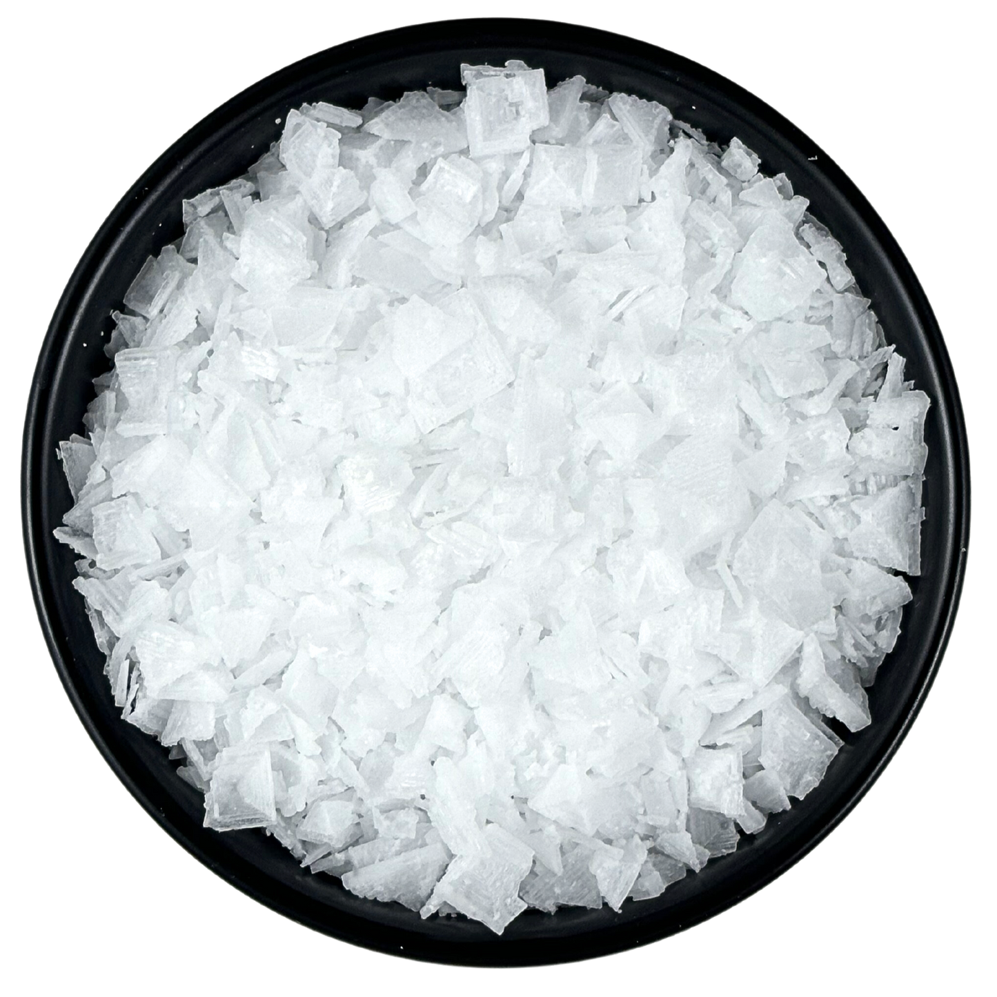 Pyramid Flake Sea Salt - Chef Pinch Jar - Case Pack - 8 units in a black bowl, showcasing delicate pyramid-shaped flakes.