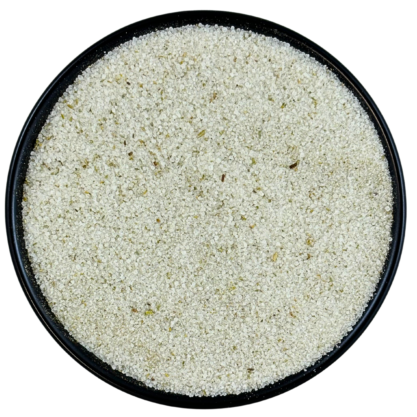 Rosemary Sea Salt - Chef Pinch Jar - Case Pack - 8 units in a black dish, showcasing the fine, aromatic salt crystals.