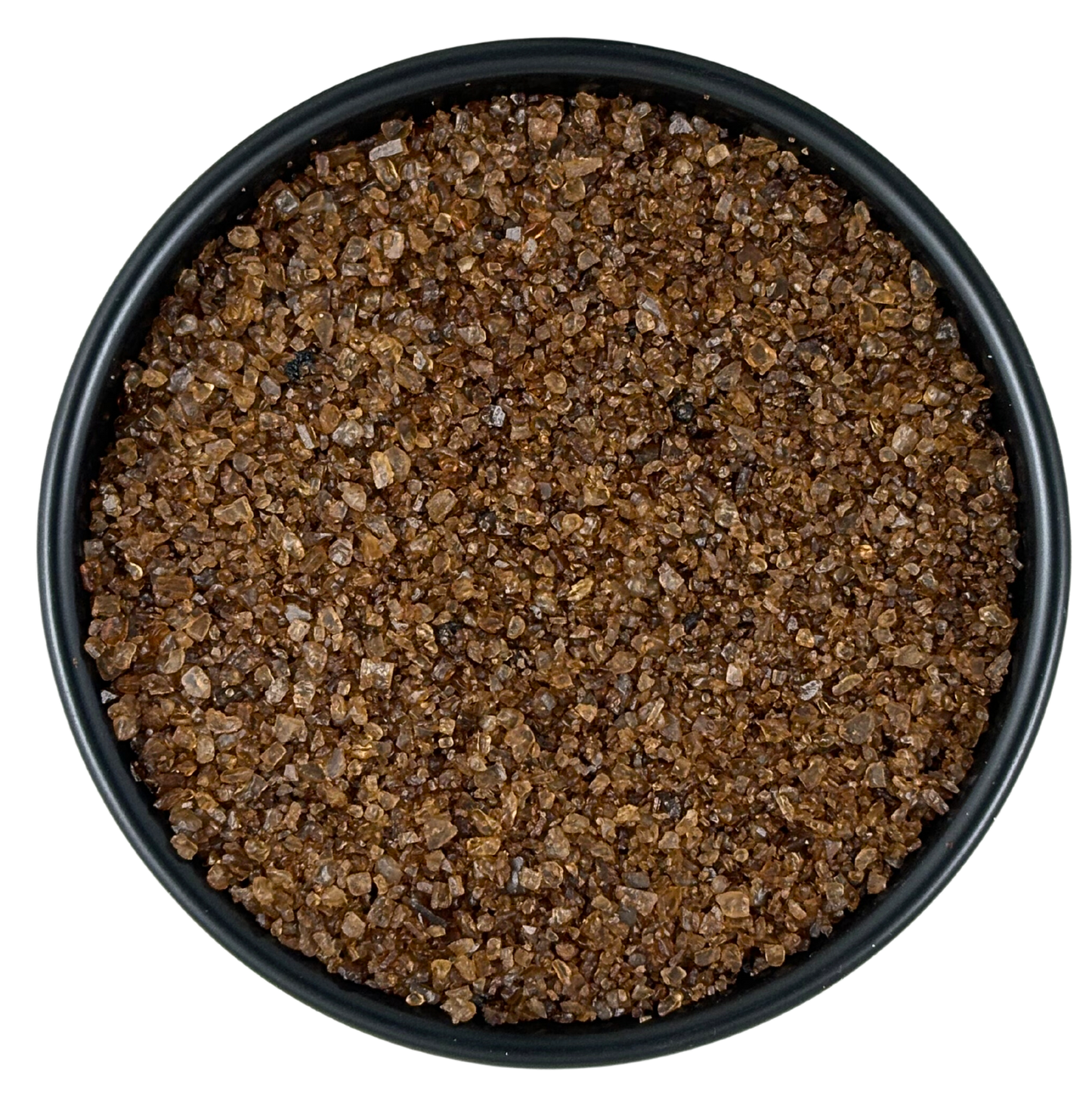 Smoked Alderwood Sea Salt - Chef Pinch Jar - Case Pack - 8 units in a black dish showcasing the rich, brown crystals.