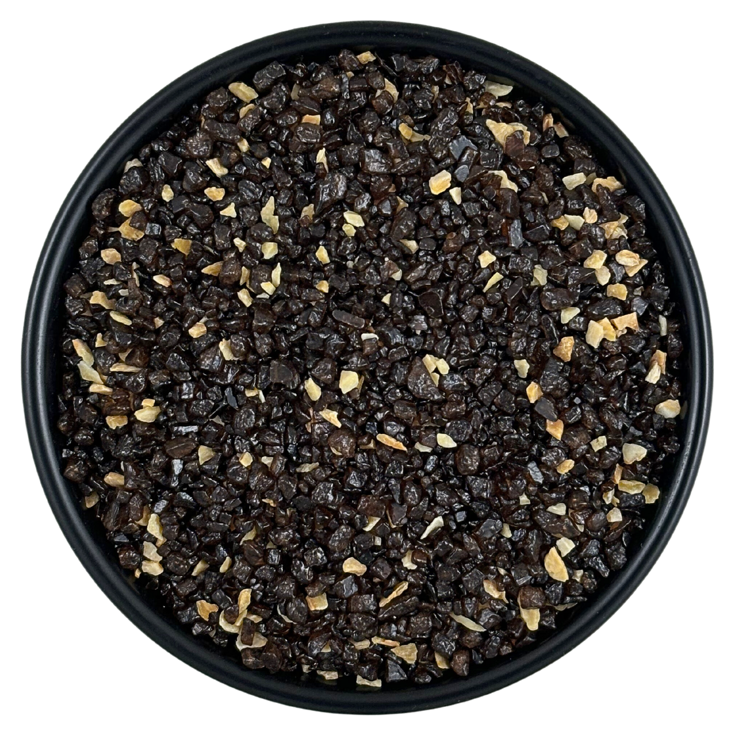 Smoked Garlic Sea Salt - Chef Pinch Jar - Case Pack - 8 units in a black bowl showcasing its rich texture.