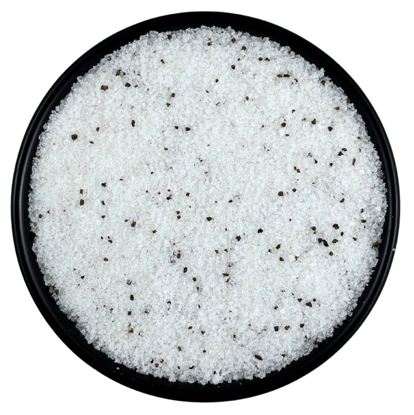 Truffle Sea Salt - Chef Pinch Jar - Case Pack - 8 units in a round black dish with a blend of sea salt and black truffle pieces.