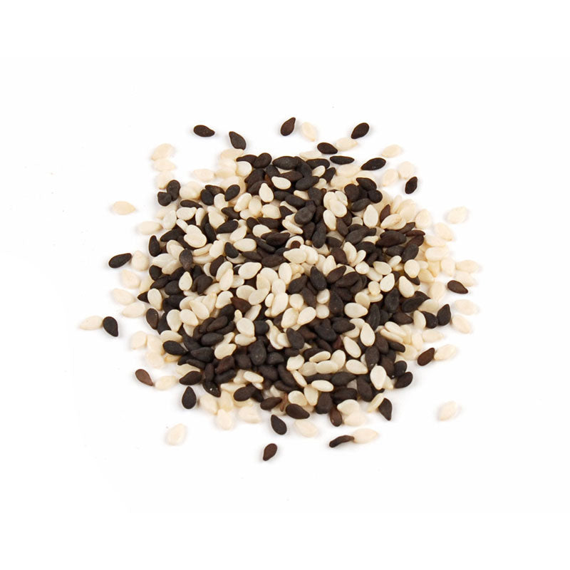 SESAME SEED, TUXEDO BLEND - 5 lb bag / box each, a mix of black and white sesame seeds.