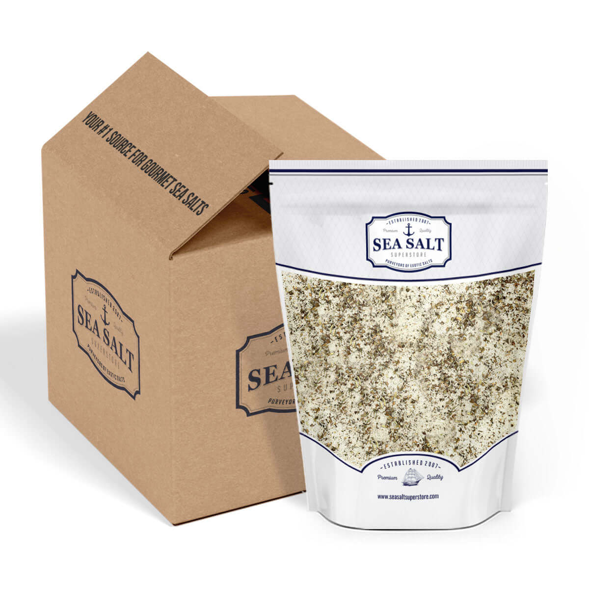 French Harvest Sea Salt 5 Lbs packaging with herbs in a pouch and box