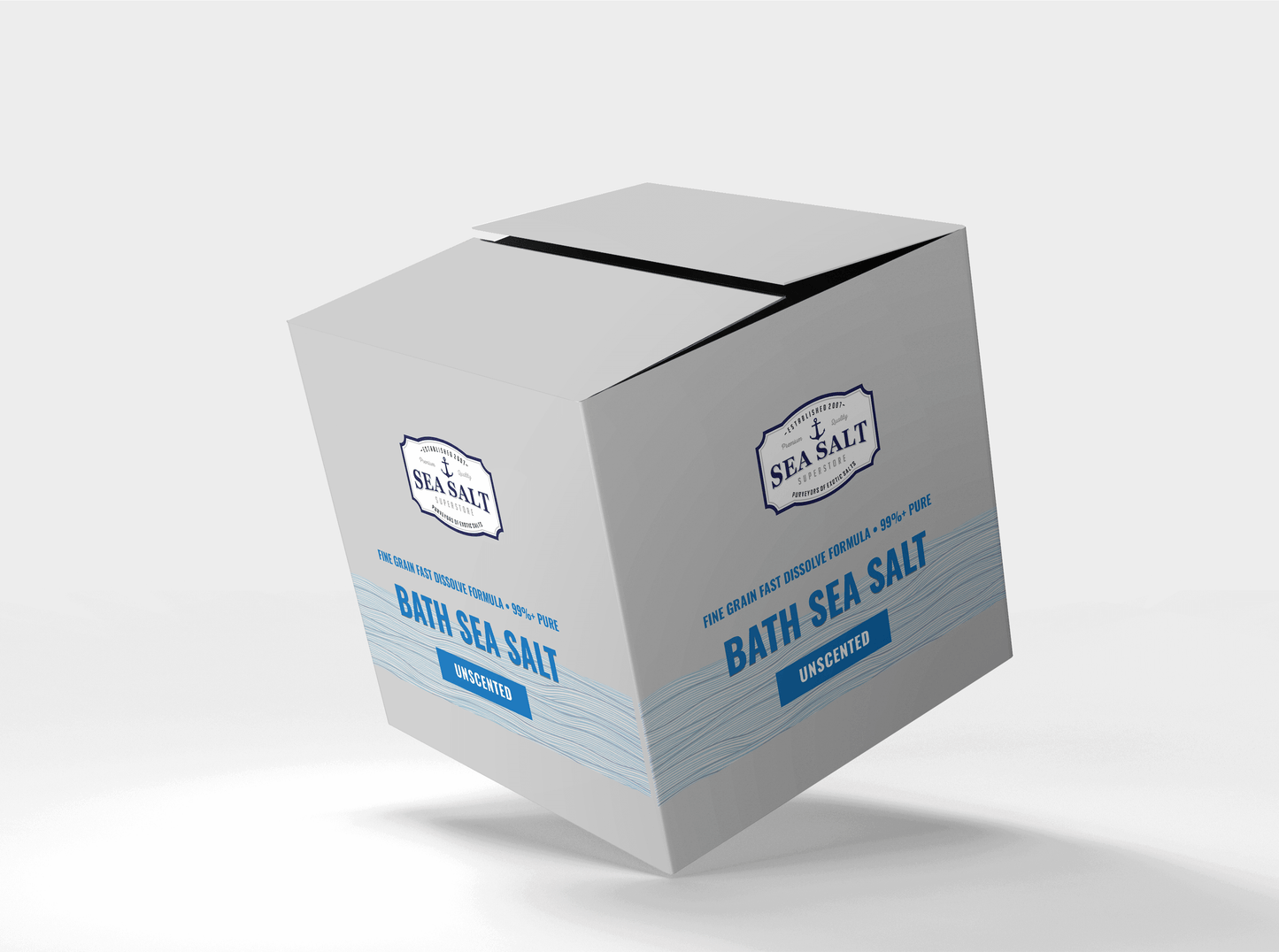 Bath & Spa Salt - Fast Dissolve Formula, Unscented product packaging with a modern design.