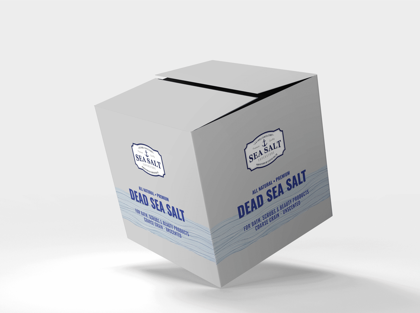 Dead Sea Salt - Unscented - Coarse Grain packaging box for therapeutic skin care and muscle recovery.