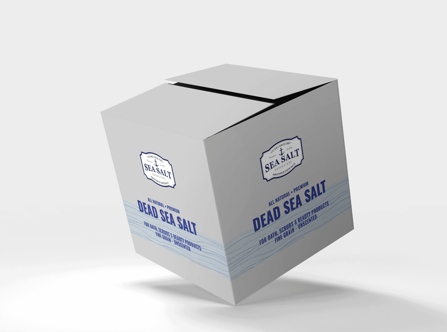 Dead Sea Salt - Unscented - Fine Grain packaging box with therapeutic benefits for skin care and muscle recovery.