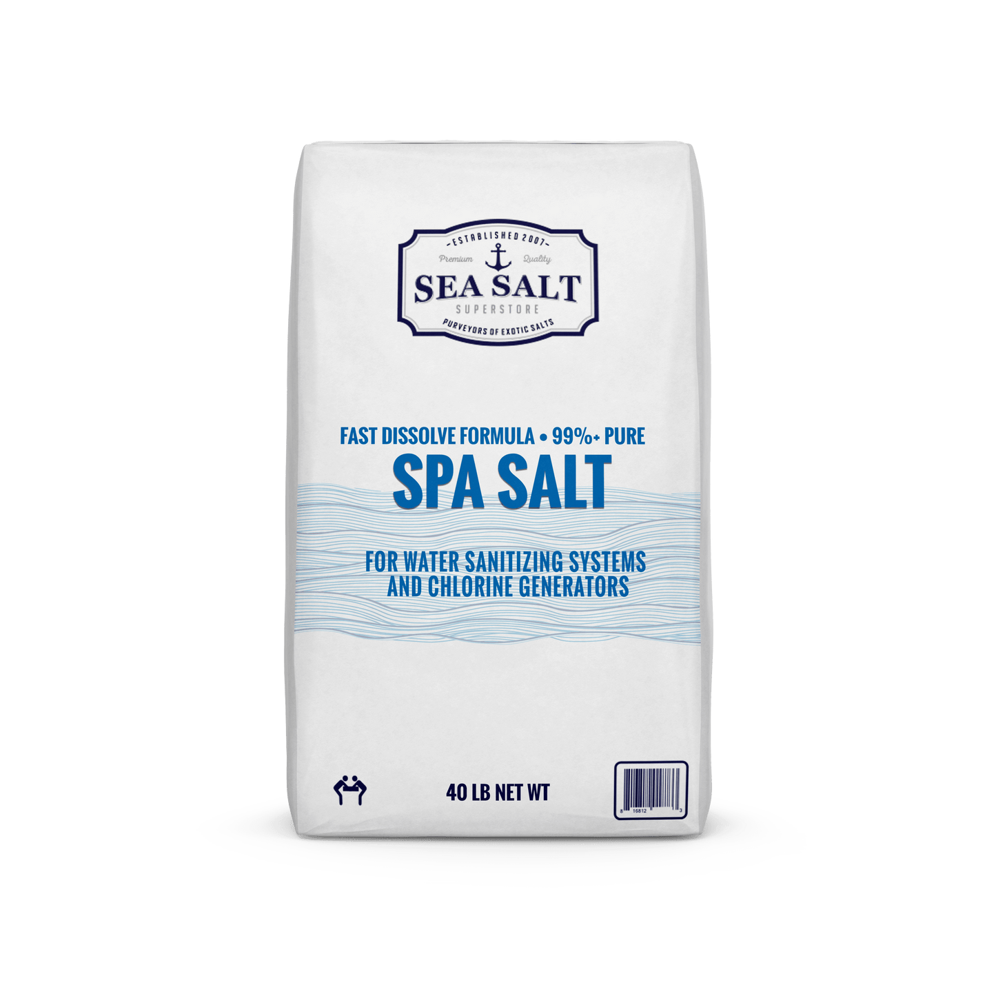Spa Salt - Salt for Water Sanitizing Systems and Chlorine Generators - Hot Tub Salt product packaging with 40 lb net weight.