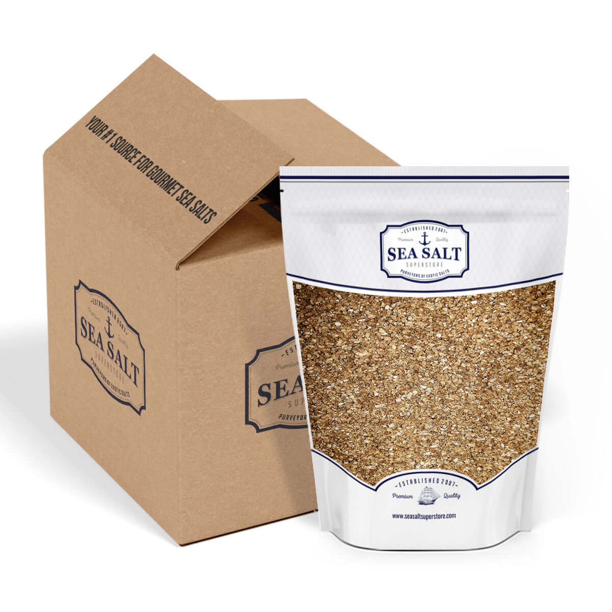 Smoked Alderwood Sea Salt - Fine packaging next to a cardboard box for shipping.