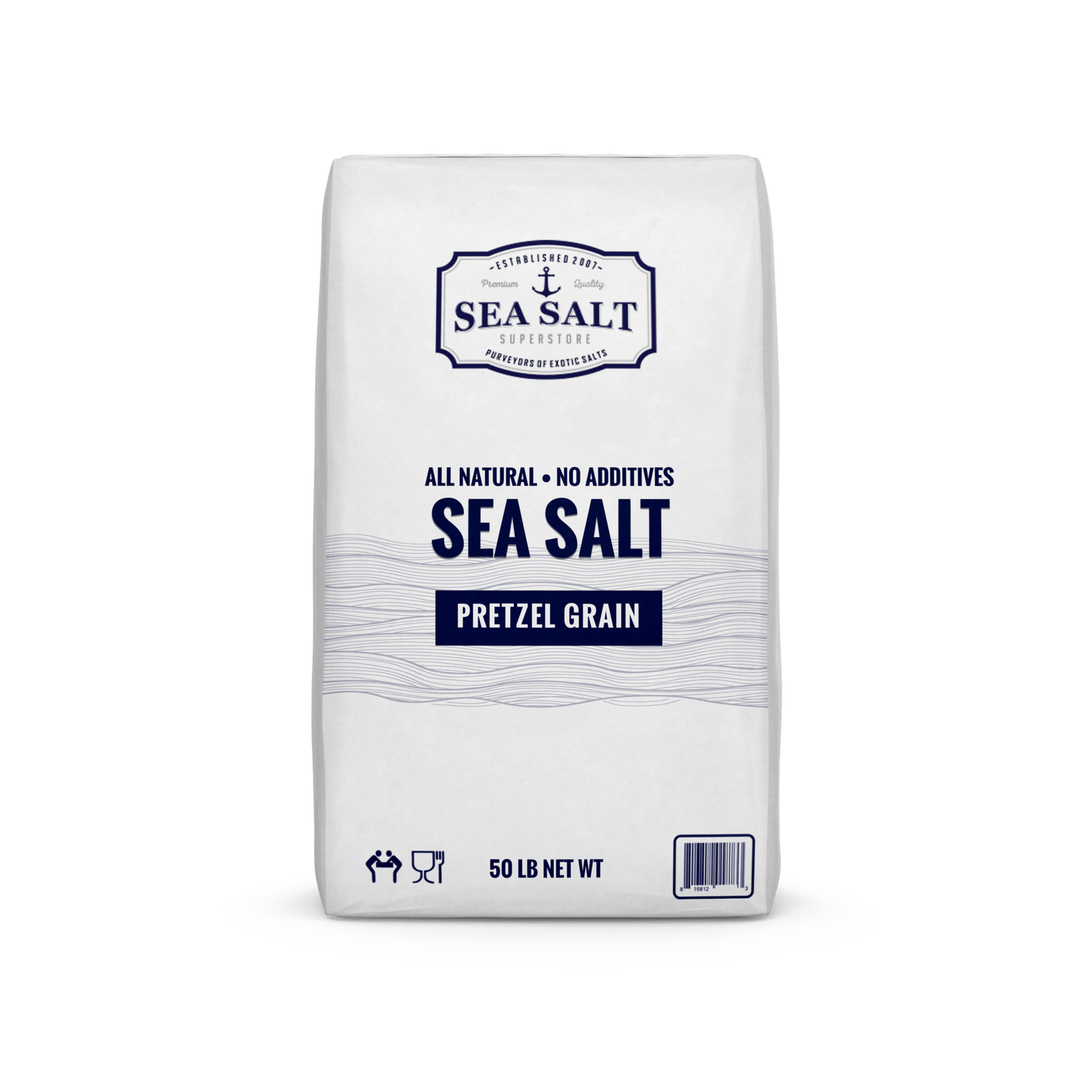 Pretzel & Bagel Sea Salt - Natural, Medium Pretzel Grain, No Additives 50 lb bag for seasoning and culinary use.