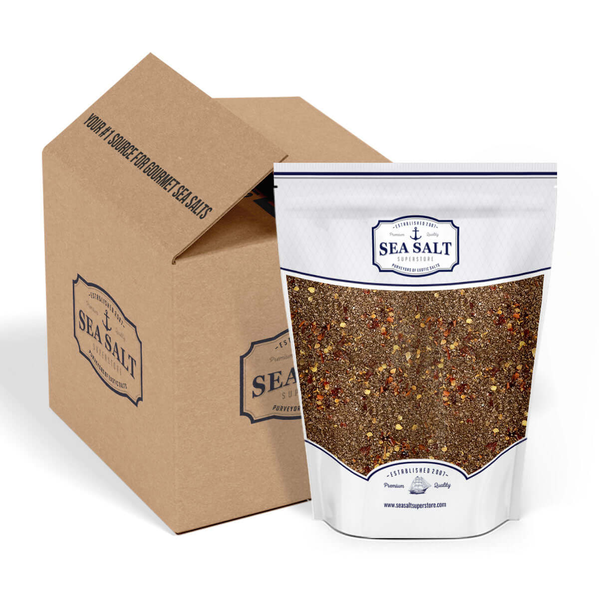 Smoked Red Pepper Sea Salt package next to a cardboard box for gourmet salts.