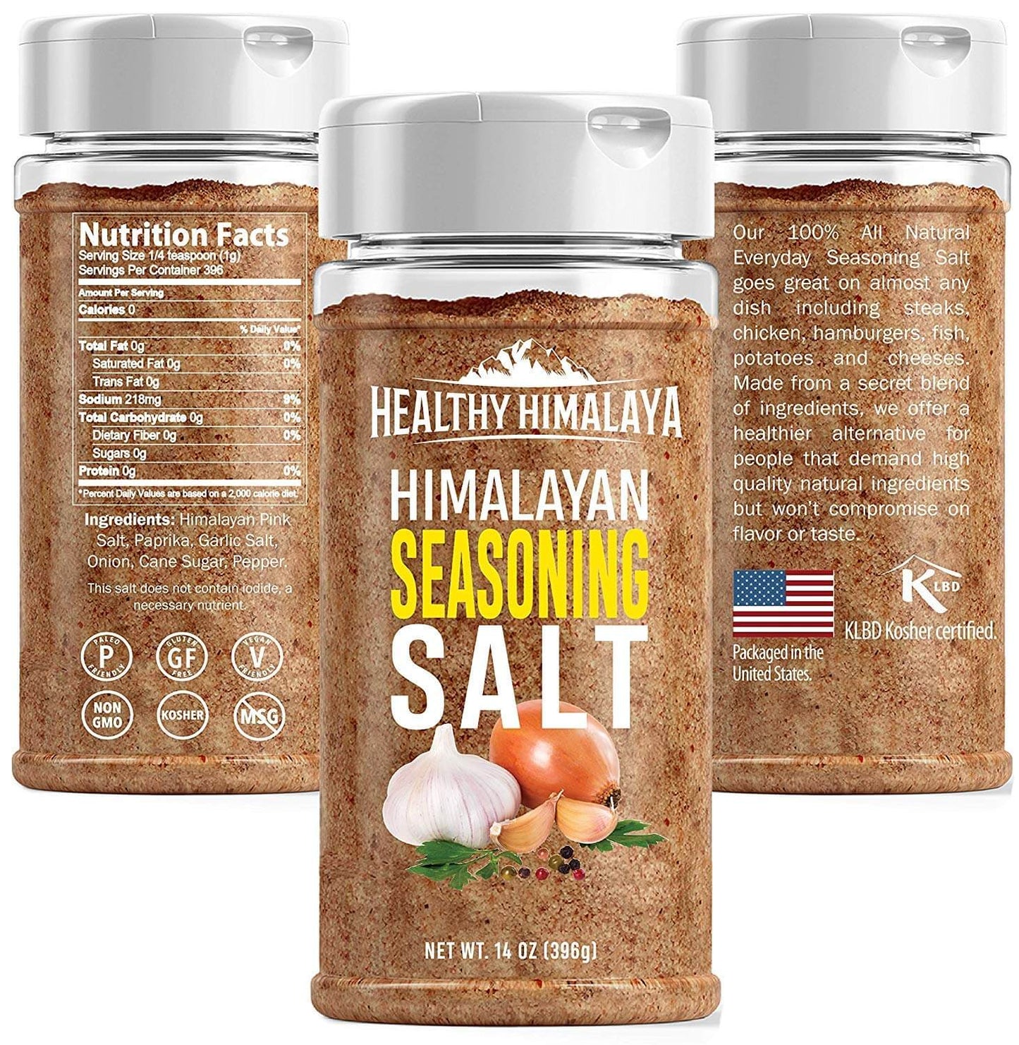 Pink Himalayan Seasoning Salt - 14 oz Shaker with herb blend and nutrition facts on packaging.