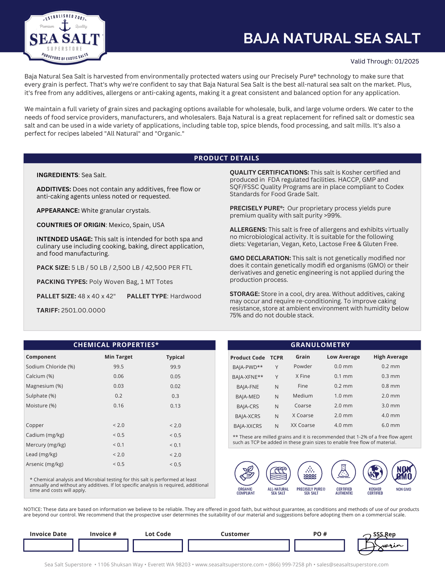 Natural Sea Salt - X-Fine Grain 2500 Lbs (1 Pallet) product details and specifications sheet.