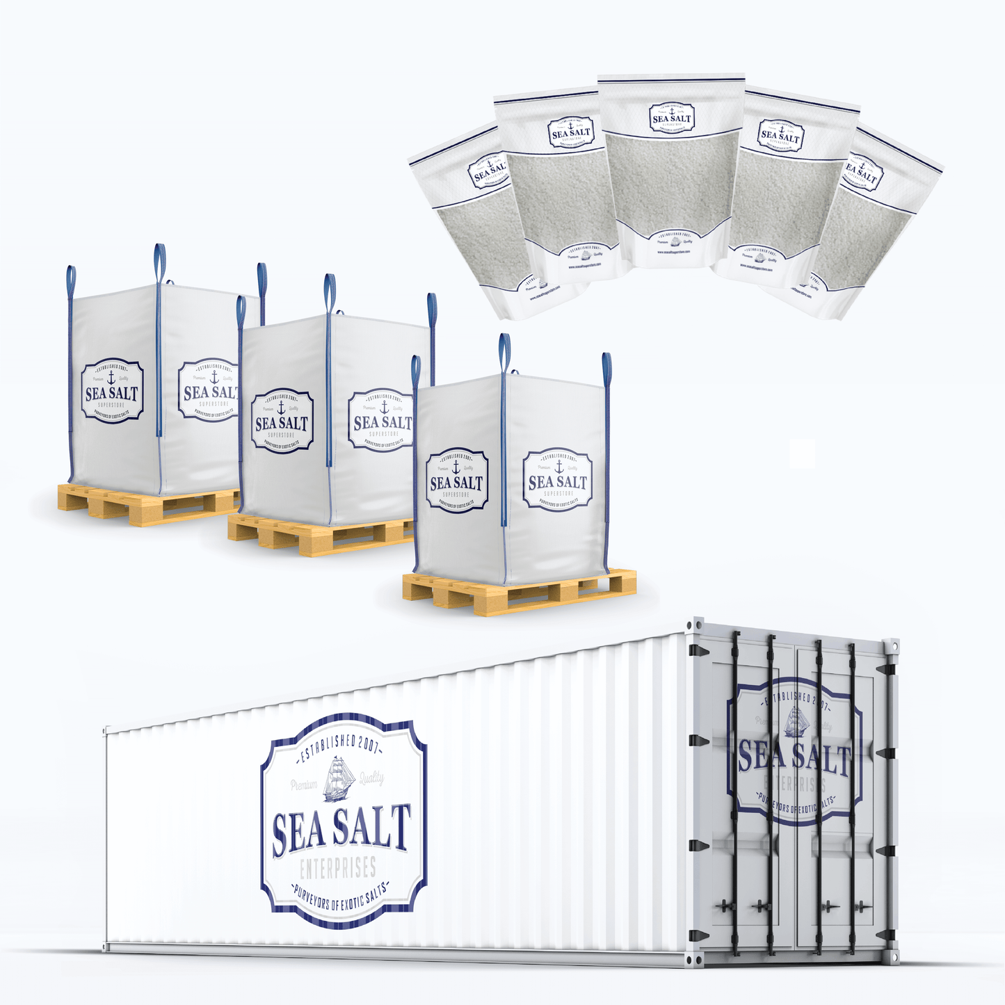 Salt Samples Pack Request showcasing bags of sea salt and a shipping container for sample delivery.