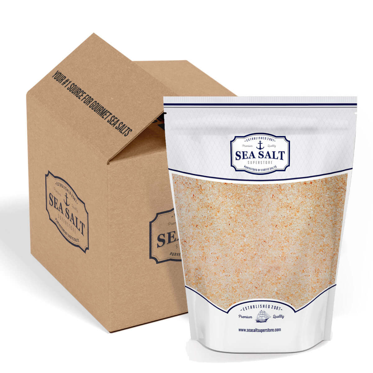 Himalayan Pink Salt - Coarse Grain in a pouch with a box of sea salt.