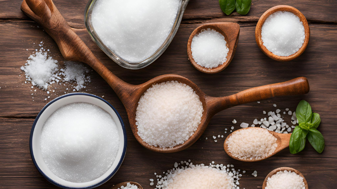 Common Misconceptions About Sodium and Salt displayed through various types of salt in bowls and spoons on a wooden table.