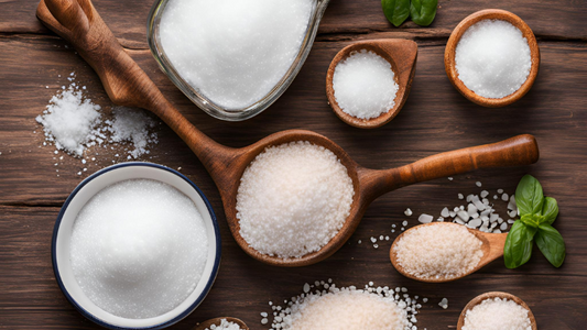 Common Misconceptions About Sodium and Salt displayed through various types of salt in bowls and spoons on a wooden table.