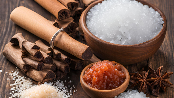 What Are Smoked Salts, and How Are They Made? Natural salts and spices displayed on a wooden surface.
