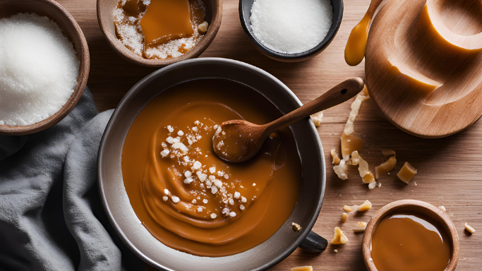 How to Make the Perfect Salted Caramel - a bowl of glossy salted caramel with sugar and salt.