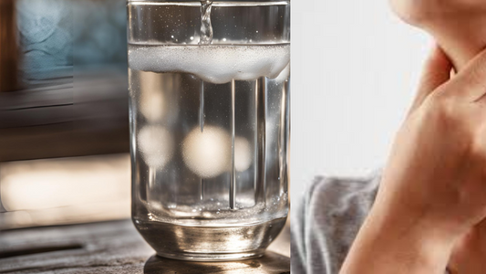 A glass of saltwater and a person touching their throat, illustrating the question: Can Salt Help Relieve a Sore Throat?