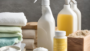 How to Use Salt in Homemade Cleaning Products with cleaning bottles, towels, and salt on a countertop.