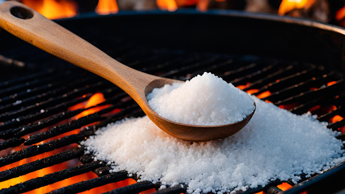 What Is the Best Salt for Grilling? Close-up of coarse salt on a grill with a wooden spoon.