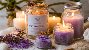 How to Use Salt in DIY Bath Products with jars of bath salt and scented candles.