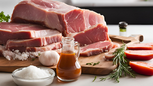 How to Brine Meat: The Best Salt to Use - fresh pork chops with salt, garlic, and seasoning on a wooden board.