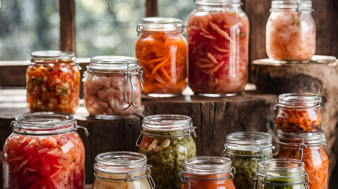 Various jars of fermented vegetables showcasing how salt impacts fermentation and probiotics.