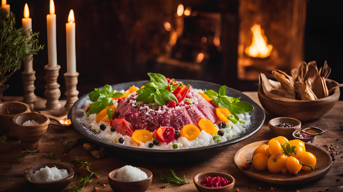 The Science of Salt: How Salt Affects the Taste of Food - colorful dish surrounded by various salts and garnishes.