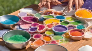Creating colorful salt art for kids and adults with vibrant sands in various containers.