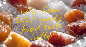 Close-up of salt and colorful candy, illustrating the idea of 'Why Does Salt Taste Good?' and food enhancement.