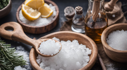 How to De-Ice Naturally with Salt ingredients including salt, lemons, and natural oils in wooden bowls.