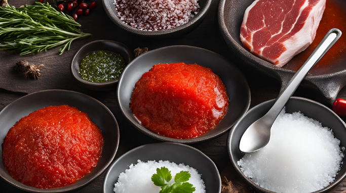 The Benefits of Using Salt in Marinades with meats, herbs, and various marinades displayed in bowls.