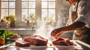 Why You Should Rinse Meat with Salt Water: Chef brining fresh meat in a sunlit kitchen.
