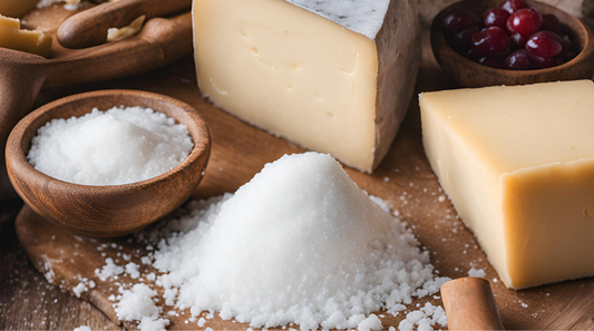 Why Salt Is Essential in Cheese Making with cheese, salt, and red berries on a wooden board.