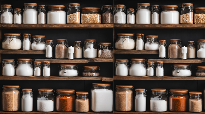 How to Store Salt Long-Term: Tips for Preppers jars filled with various spices and salts on wooden shelves.