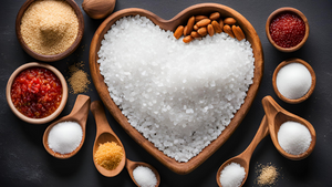 How Much Salt Should You Eat Per Day? Dietary Guidelines with various salt types and seasonings in a heart-shaped bowl.