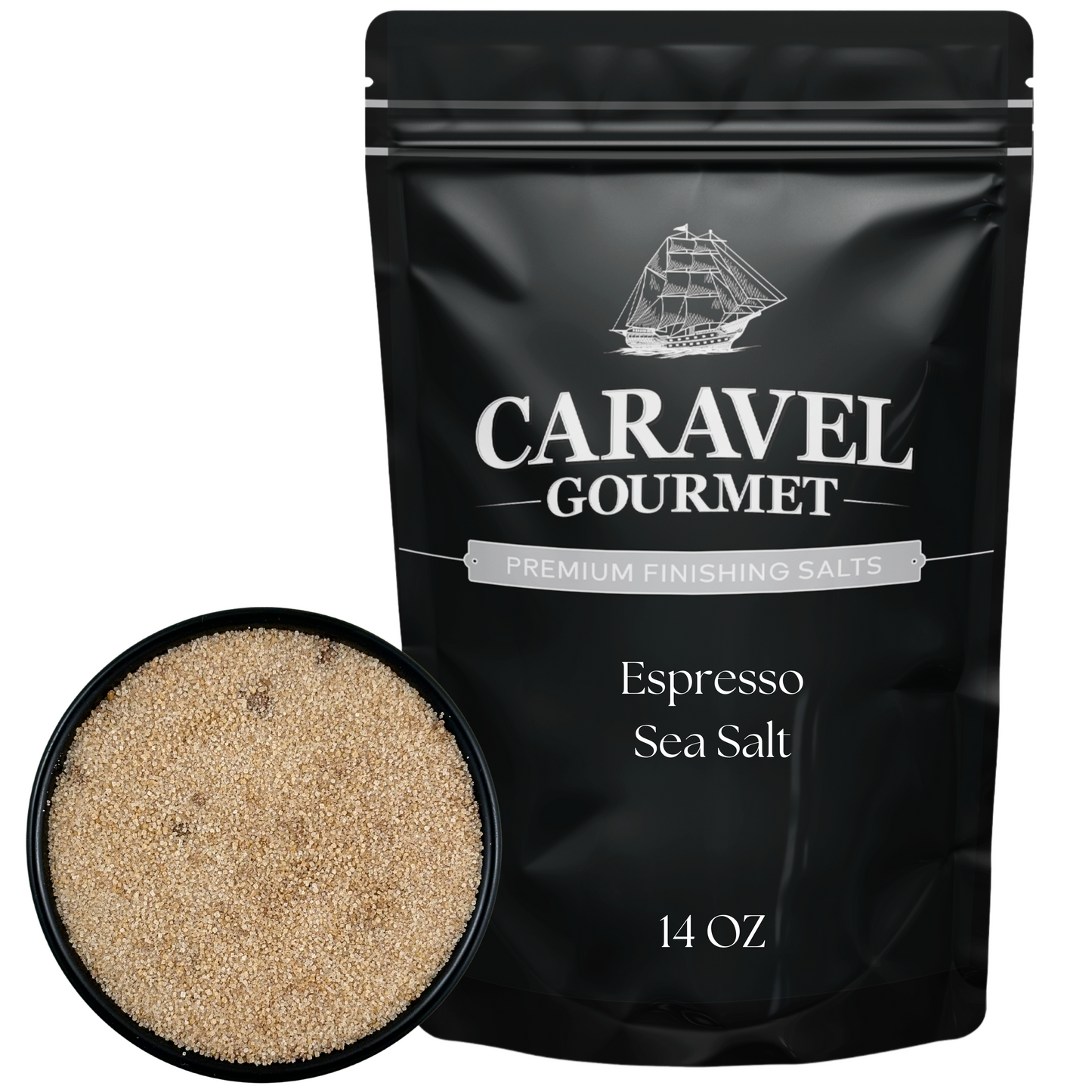 Espresso Sea Salt - 14 oz Pouch with a round dish of the salt and black packaging.