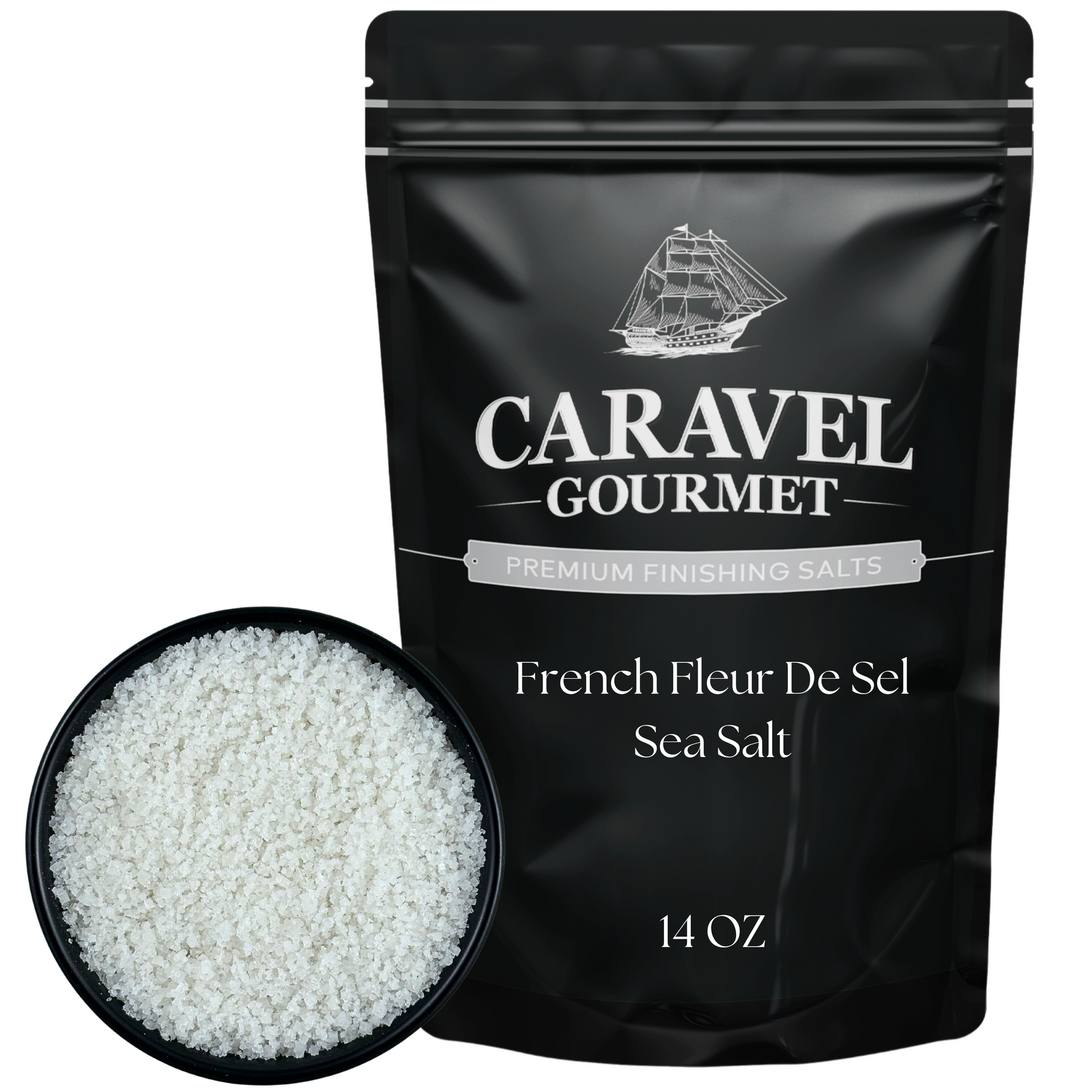 French Fleur De Sel Sea Salt - 14 oz Pouch with packed sea salt in a bowl and black packaging.