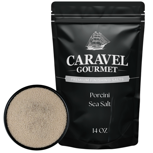 Porcini Sea Salt - 14 OZ Pouch from Caravel Gourmet, featuring premium finishing salts in a sleek black package.