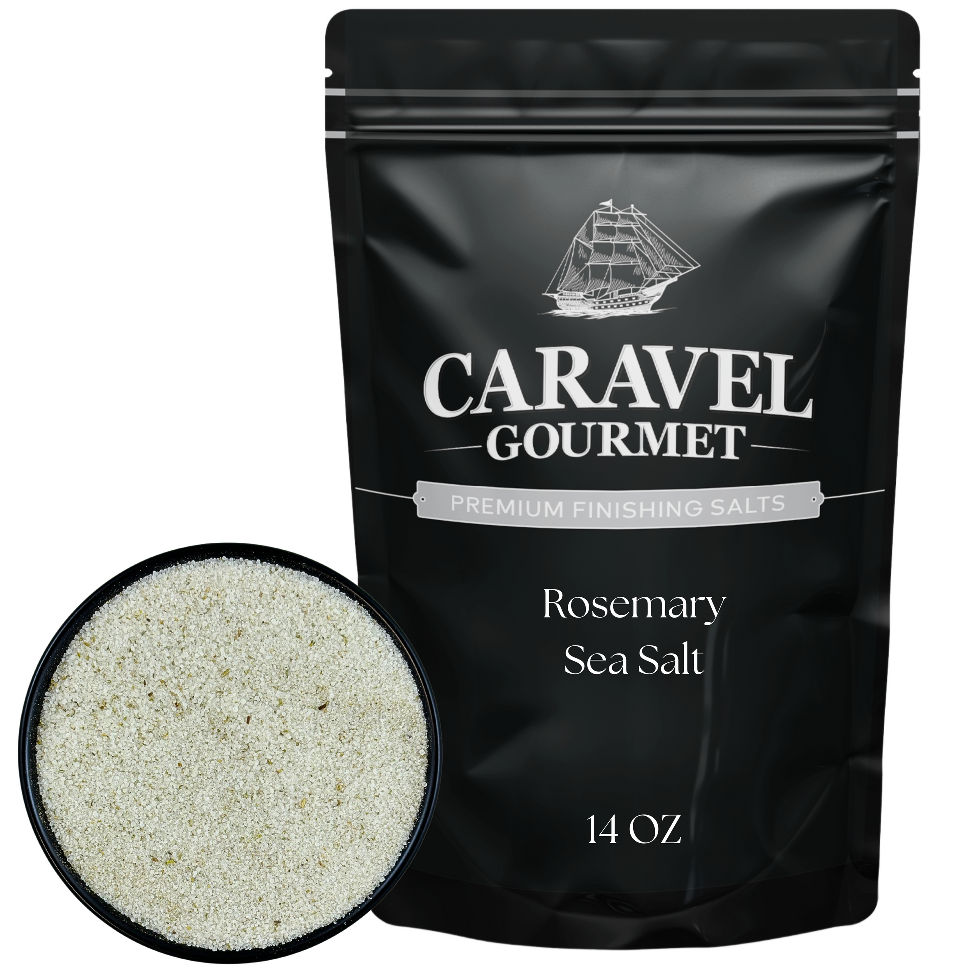 Rosemary Sea Salt - 14 oz Pouch in black pouch with white lettering and a bowl of the salt.