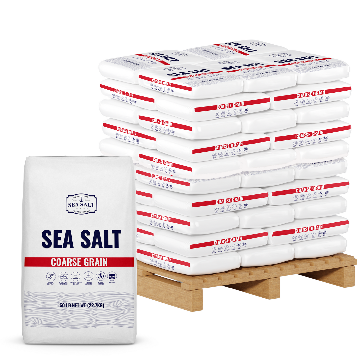 Coarse Grain - Natural Sea Salt - Bulk Pallet with 50 lb bags stacked on wooden pallet.